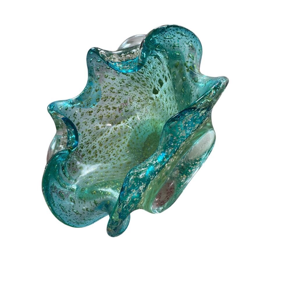 Vtg Murano Bollinato Blue Metallic Gold Fleck Scalloped Art Glass Bowl Ashtray - Picture 2 of 16